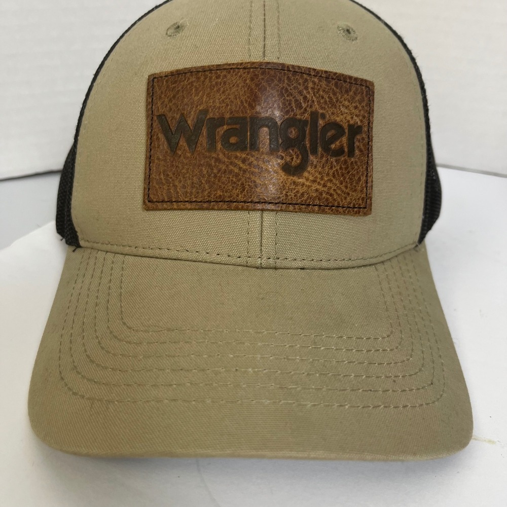 Wrangler Mens Trucker Hat Tan Black Mesh Leather Logo Patch Snapback Cap
